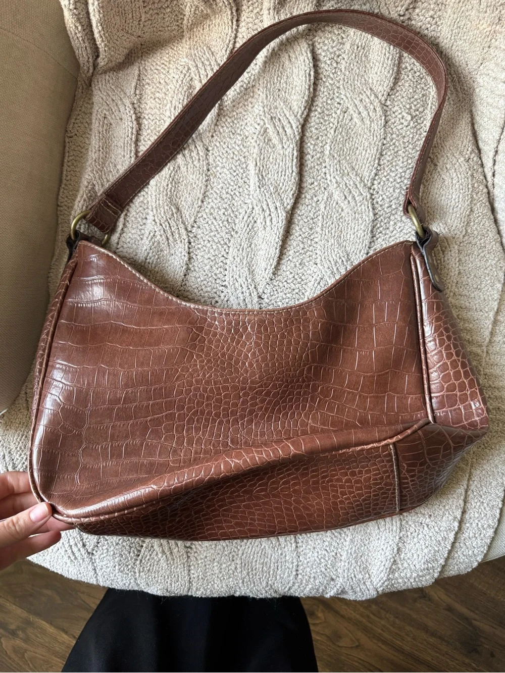 Croc-Embossed Leather Shoulder Bag with Brass Oval Buckle